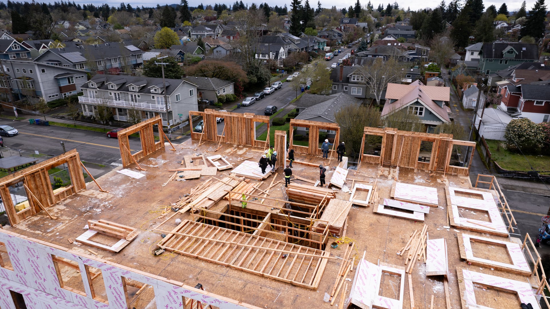 Framing a multifamily building on an inner-Portland block, built by Modern Northwest